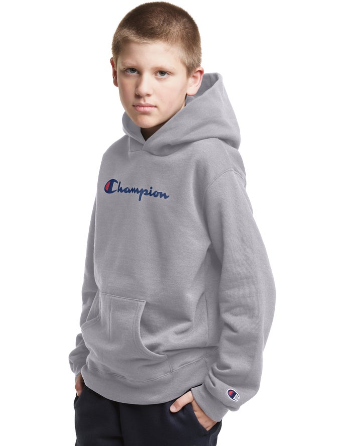 Champion Boys Hoodie NZ - Pullover Script Logo Grey ( 5431-FROVK )